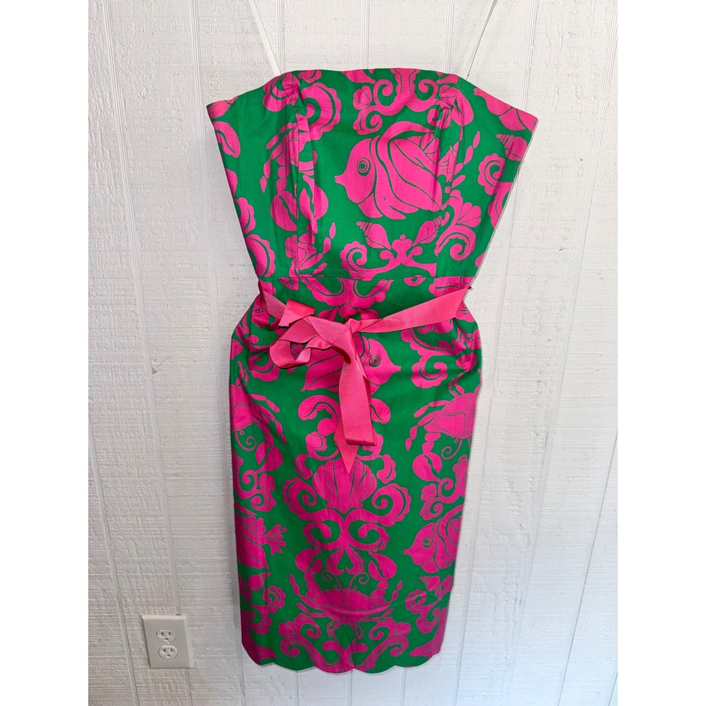Lilly Pulitzer Sheath Dress Women Green Pink Sea Life Scalloped Strapless Size 6